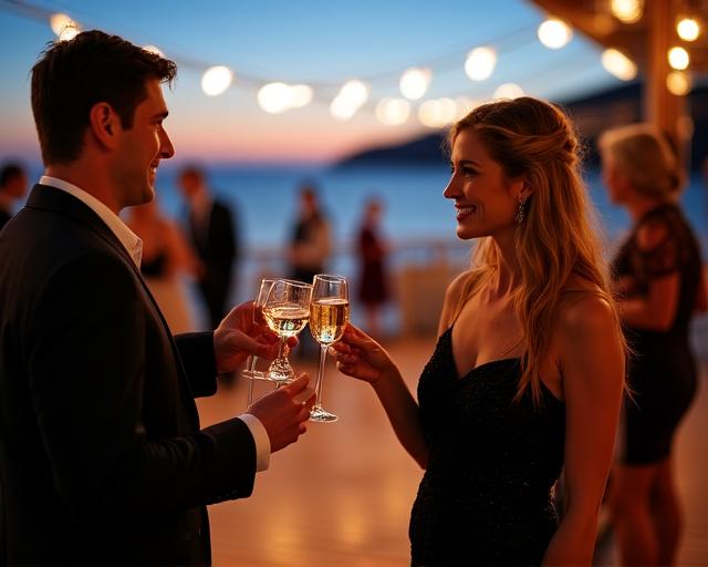 Réception privée sur le pont supérieur au coucher du soleil